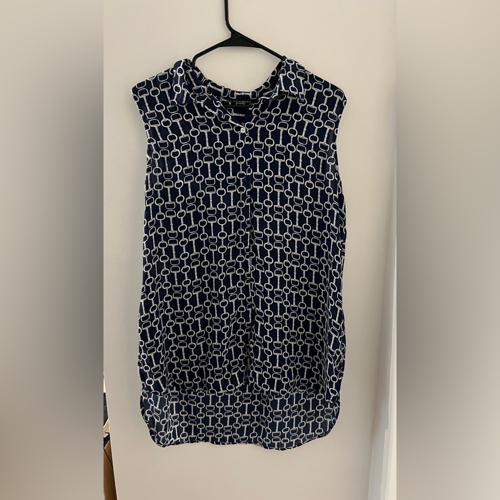 Navy and White Chain Print Sleeveless Blouse